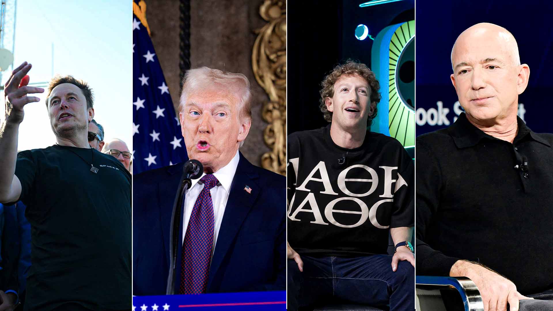 Elon Musk, Mark Zuckerberg, and Jeff Bezos interact with Trump in unique ways