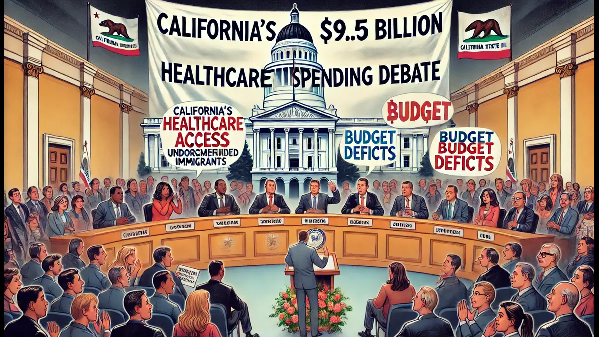 A political debate scene in a government hearing room with a large banner reading "California's $9.5 Billion Healthcare Spending Debate." On one side, politicians advocate for healthcare access for undocumented illegal immigrants, while on the other, opponents argue about budget deficits. The background features the California State Capitol building, and the audience displays mixed emotions.