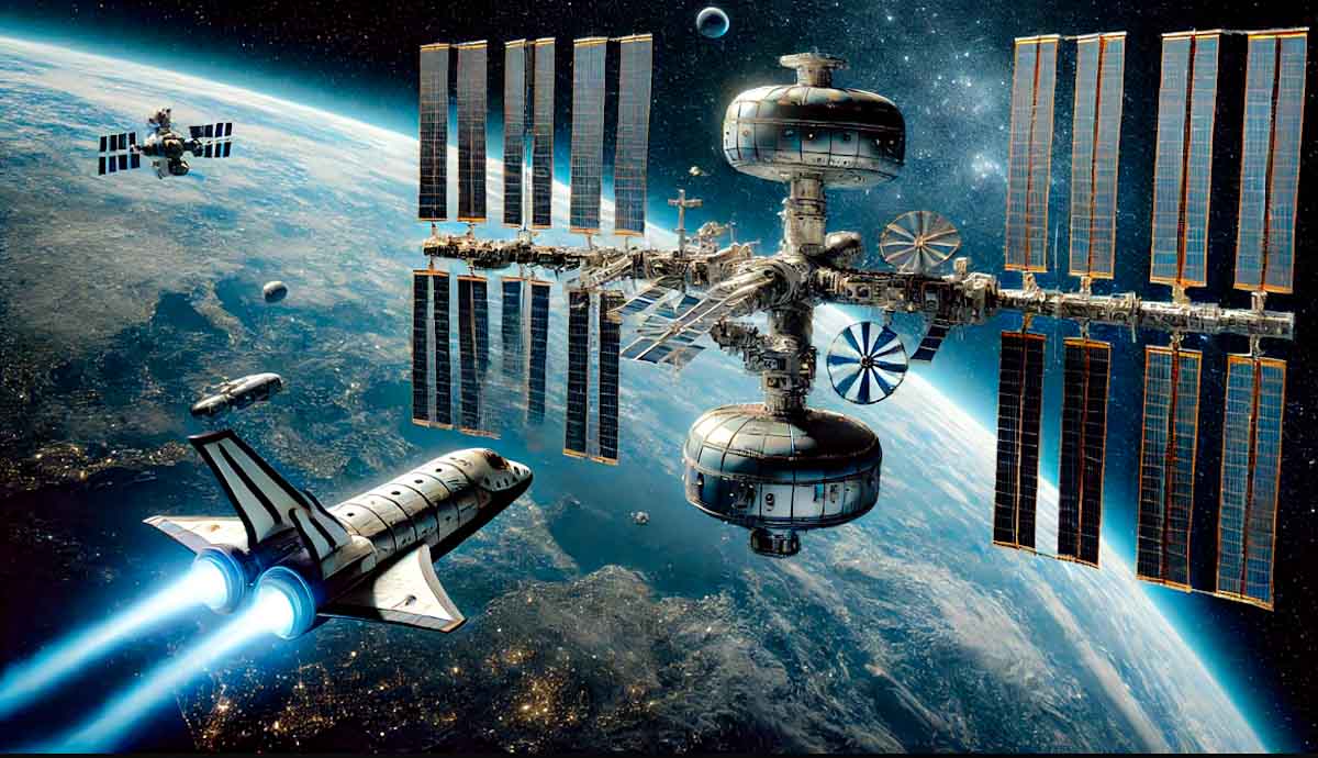 A futuristic space station with large solar panels and advanced docking ports orbits Earth. A SpaceX Starship is approaching the station, while in the background, the International Space Station (ISS) is seen deorbiting, breaking apart in controlled reentry. The scene is illuminated by Earth's blue glow against the vast darkness of space.