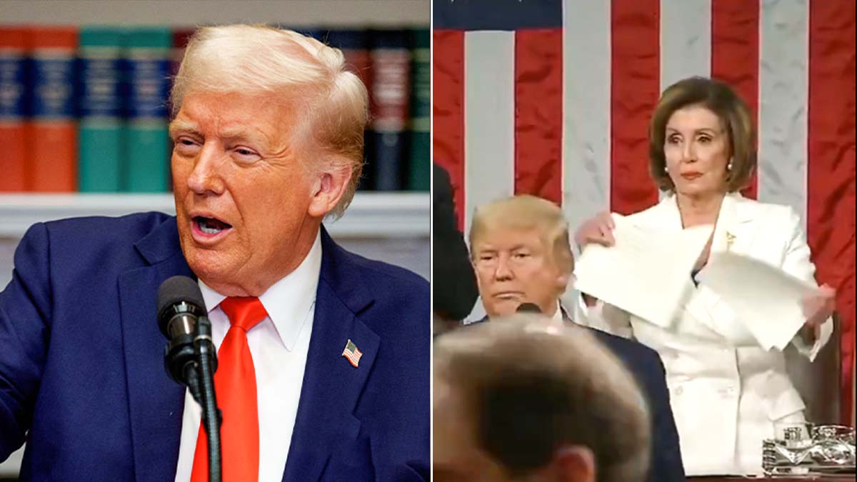 During President Donald Trump's speech, Nancy Pelosi tears the copy of his speech into two pieces